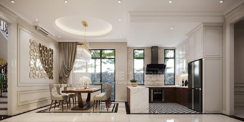 Bố trí nội thất mở sang trọng từ phòng ăn liền bếp không vách ngăn. Mẫu nội thất biệt thự đẹp