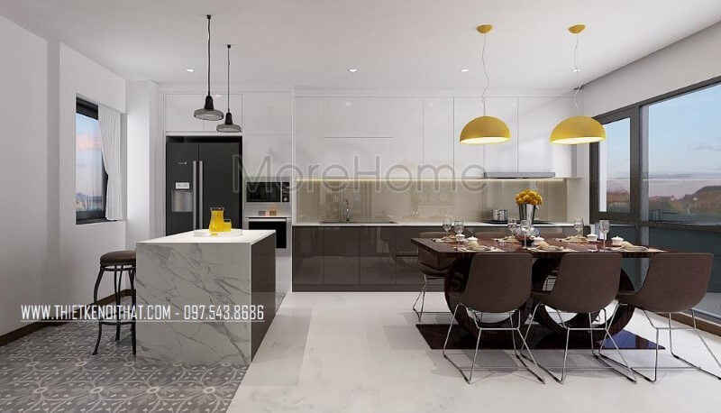 Bố trí phòng ăn lồng phòng bếp hiện đại tạo nên không gian vừa đẹp vừa tiện nghi vừa sang trọng. Mẫu nội thất biệt thự đẹp