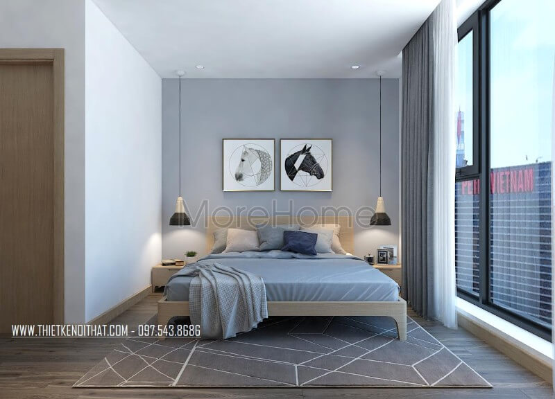 Thiết kế phòng ngủ hiện đại, thông thoáng với việc lựa chọn đồ nội thất thanh mảnh. Thiết kế chung cư