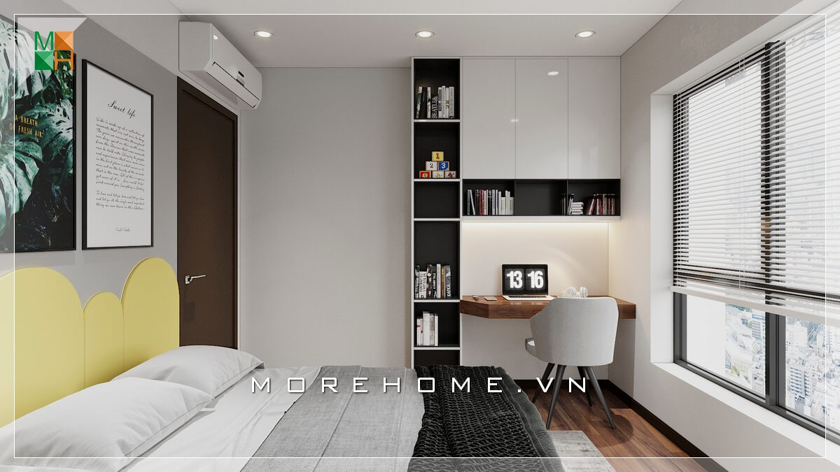 Mẫu giường ngủ hiện đại hướng ra cửa số, màu sắc phù hợp với không gian phòng ngủ chung cư, nhà phố. Thiết kế chung cư