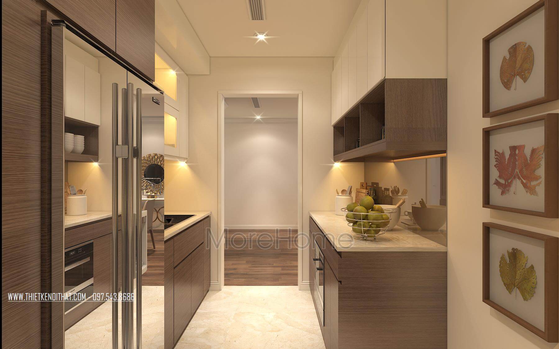 Thiết kế nội thất phòng bếp công năng với mẫu tủ bếp gỗ công nghiệp MDF có màu sắc và vân gỗ tạo sự ấm áp, thân thiện giúp các bà nội trợ thêm yêu không gian bếp của mình. Thiết kế tủ bếp chung cư