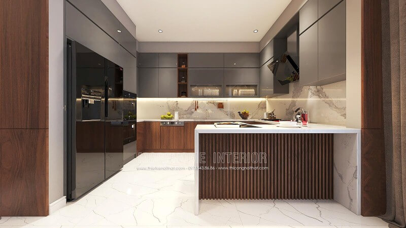Tủ bếp gỗ An Cường đẹp sang trọng cho phòng bếp nhà phố, biệt thự hiện đại. Thiết kế tủ bếp chung cư