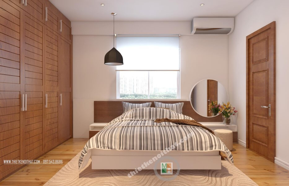 Mẫu thiết kế nội thất phòng ngủ CT4 Mỹ Đình hiện đại tiên nghi với hệ tủ quấn âm tường, giường ngủ gỗ cao cấp Trang trí nội thất chung cư