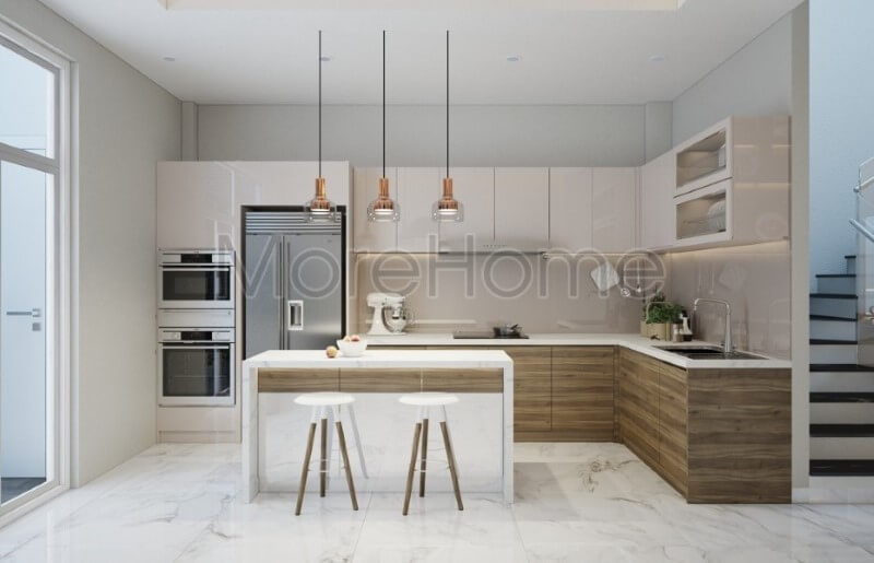 Thiết kế phòng bếp hiện đại với nội thất gỗ công nghiệp đẹp độc đáo trong không gian ấm cúng của gia đình Nội thất phòng bếp