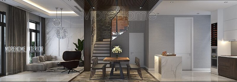 Phối cảnh bố trí hiện đại đẹp cho biệt thự nhà phố với ý tưởng thiết kế phòng khách liền bếp ăn. Nội thất phòng bếp