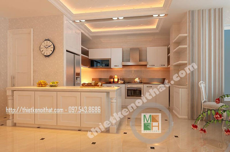 Mẫu tủ bếp gỗ hiện đại kết hợp hệ thống thiết bị bếp mang đến sự tiện nghi cho người nội trợ Nội thất phòng bếp