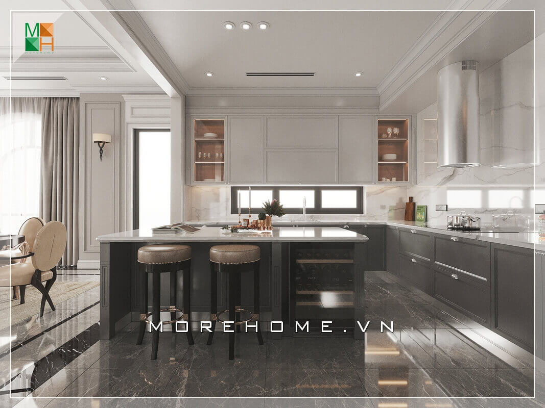 Mẫu tủ bếp hiện đại từ tủ bếp treo tường đến đảo tủ hai ghế tròn bọc da không tựa, tất cả đều thiết kế hoàn hảo biến căn phòng bếp biệt thự trở nên sống động và tiện nghi. Thiết kế nhà bếp tiện nghi