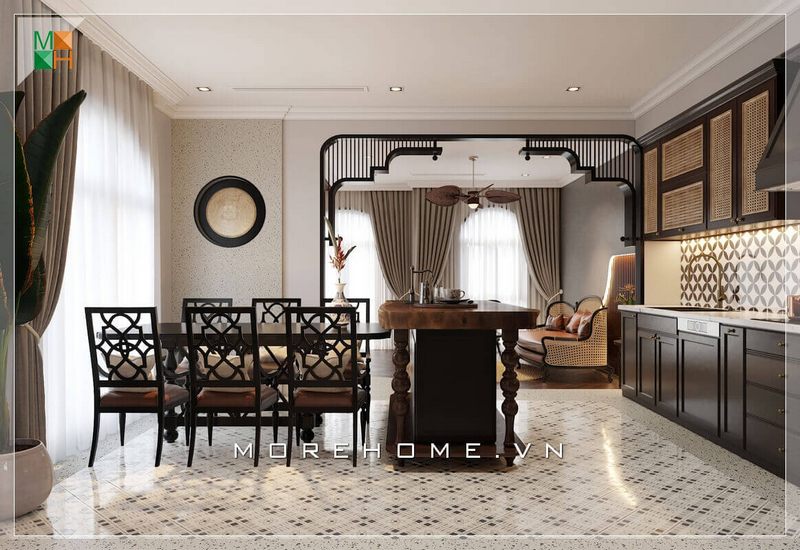 Mẫu đảo bếp thiết kế chất liệu hoàn toàn là gỗ tự nhiên toát lên sự ấm cúng nhờ vào màu nâu trầm của gỗ.